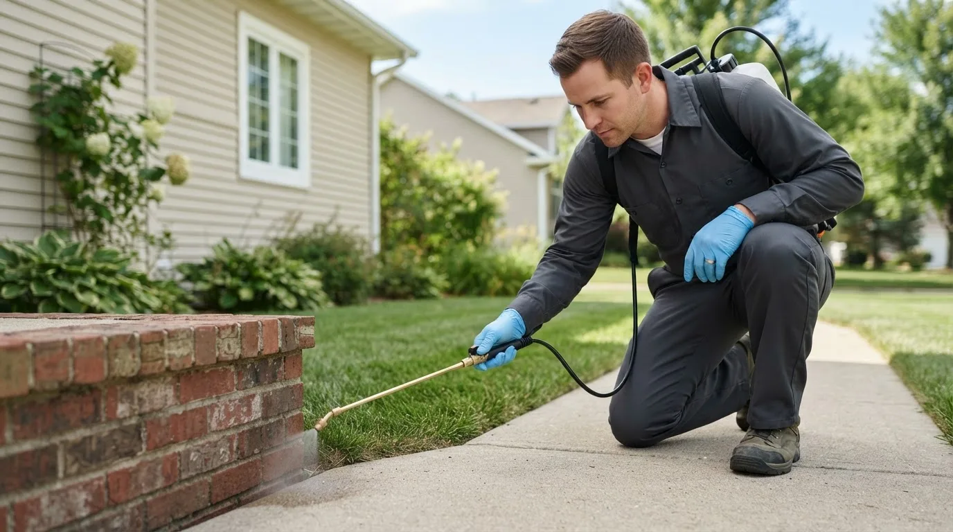 Pest control technician treating a home near Johnstown, OH