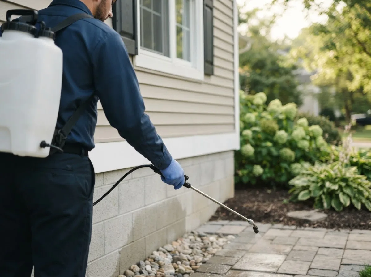 Pest control technician inspecting a home in Johnstown, OH